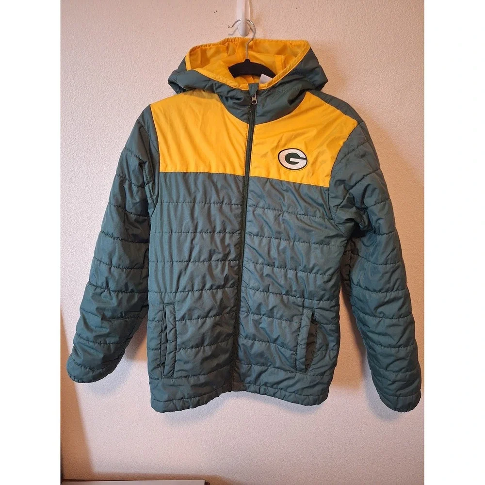 NFL Team Apparel Green Bay Packers Puffer Jacket Youth Green Full Zip Hood
